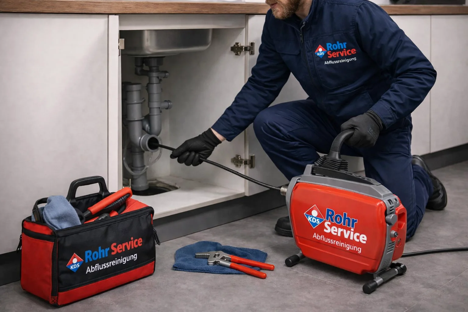 Abflussreinigung vom Fachmann – KDS Rohrservice Techniker bei der Arbeit